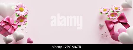 Muttertag-Banner. Geschenkschachteln Blumen Herzen. 3D-Rendering Stockfoto