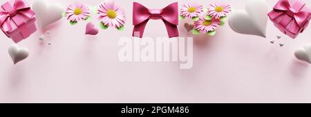 Herzlichen Glückwunsch zum Muttertag-Banner. Geschenkschachteln Blumen Herzen. 3D-Rendering Stockfoto