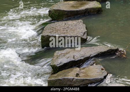 Nahaufnahme der Steine über den Ouseburn River in Jesmond Dene, Newcastle Upon Tyne, Großbritannien. Stockfoto