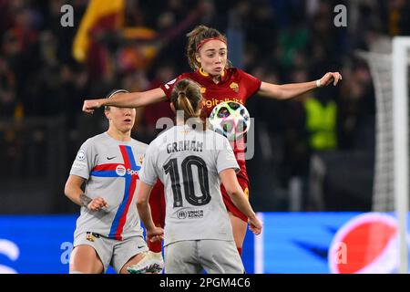 Rom, Italien, Italien. 21. März 2023. Benedetta Glionna von AS Roma Women während des Viertelfinals, 1.-Beine UEFA Women's Champions League zwischen A.S. Rom und FC Barcelona am 21. März 2023 im Stadio Olimpico in Rom. (Kreditbild: © Domenico Cippitelli/Pacific Press via ZUMA Press Wire) NUR REDAKTIONELLE VERWENDUNG! Nicht für den kommerziellen GEBRAUCH! Stockfoto