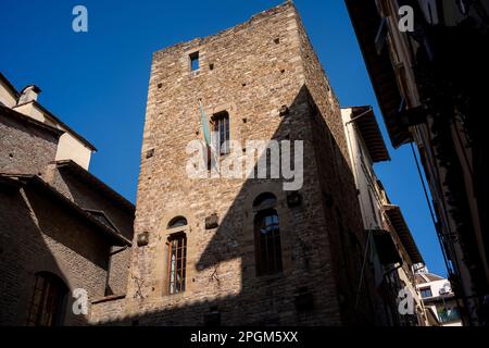 Dantes Haus in Florenz. Dante Alighieri, Autor der Göttlichen Komödie, eine Florentiner, die ins Exil geschickt wurde. Stockfoto