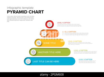 Vektor-Infografik-Stipe-Layer-Vorlage mit fünf Ebenen – Farbpyramiden-Vorlage auf hellem Hintergrund mit Symbolen in Kreisen und Beschreibungen Stock Vektor