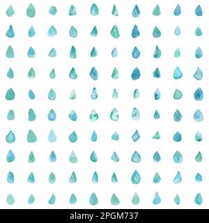 Handgemalte Aquarellfarbe grün türkis Wassertropfen Allover nahtloses Muster auf weißem Hintergrund Stockfoto