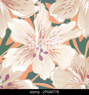 Abstraktes, nahtloses Blumenmuster mit Blumen, Punkten und Blättern. Chaotisch fließende Blüten im Retro-Stil. Punkte und Blumenlotusformen. Stilvolles, künstlerisches Blumendesign Stock Vektor
