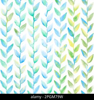 Nahtloses Aquarellmuster mit handgemalten grünen und türkisfarbenen Kriechblättern auf weißem Hintergrund. Perfekt für Textilien, Tapeten, Geschenkpapiere Stockfoto