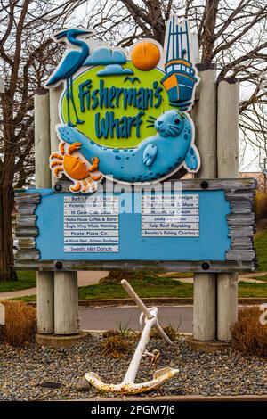 Schild für Fisherman's Wharf in Victoria, British Columbia, Kanada Stockfoto