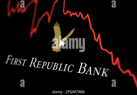 New York, USA, März 2023: Weißes Logo der First Republic Bank auf einem Diagramm zur Entwicklung der Börsenleistung. Im März 2023 wurde die First Republic Bank von gerettet Stockfoto