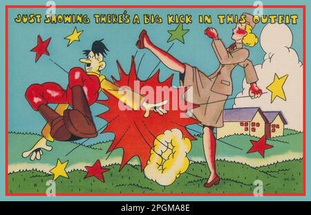 1940er WW2 American Cartoon Propaganda Posterkarte mit Militärangehörigen in Uniform, die eine Karikatur von Adolf Hitler mit dem Titel „Just show there's a big kick in this Outfit“, Zweiter Weltkrieg, Zweiter Weltkrieg, USA, treten Stockfoto