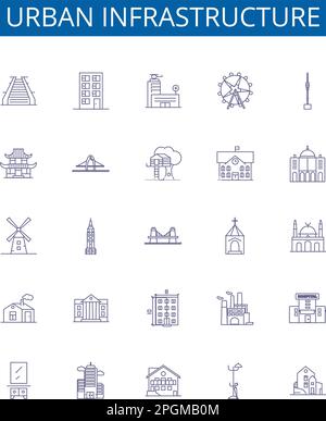 Symbole für städtische Infrastruktur Zeichen gesetzt. Design-Sammlung von Stadtlandschaft, Straßen, Brücken, Eisenbahnen, Abwasser, Versorgungsunternehmen, Straßenlaternen, Versorgungsunternehmen Stock Vektor