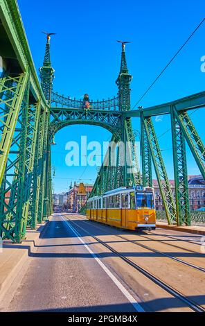 Straßenbahnverkehr auf der historischen Liberty Bridge, dekoriert mit ungarischem Wappen, Turul-Vögeln auf den Türmen und alten Straßenlaternen, Budapest, Ungarn Stockfoto