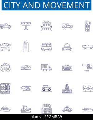 Symbole für Stadt und Bewegungslinie sind eingerichtet. Designkollektion von Stadt, Bewegung, Transport, Stadt, Fußgänger, Konzeptvektor für Fahrrad, Auto, Bus Stock Vektor