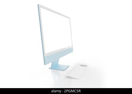 Blaues Anzeigemodell auf einem sauberen weißen Hintergrund mit Tastatur und Maus daneben. Seitenansicht Stockfoto