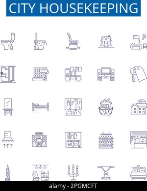 Symbole für die Stadtverwaltung sind eingerichtet. Design-Sammlung von Urban, Cleaning, Services, Housework, Dwelling, Anwohner, Staub abstauben, Umrisse kehren Stock Vektor