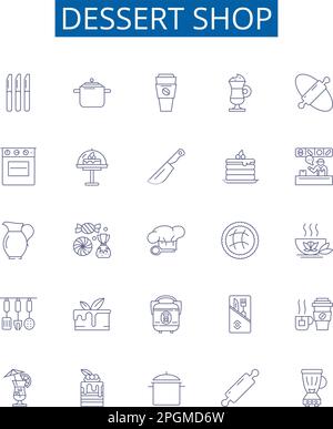 Dessertshop-Line-Icons-Schilder sind eingerichtet. Design-Sammlung von Dessert, Geschäft, Bäckerei, Gebäck, Süßwaren, Eiscreme, Sorbet, Salon-Konturvektor Stock Vektor