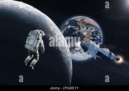 Mission zum Mond. Raumschiff "Spaceman" und "Orion". Elemente dieses Bildes, bereitgestellt von der NASA. Stockfoto