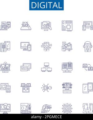 Digitale Liniensymbole sind eingestellt. Design-Sammlung von Digital, Technologie, Elektronik, Computing, Netzwerke, Social, Media, Internet – Grundkonzept Stock Vektor