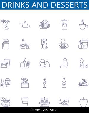 Symbole für Getränke und Desserts sind gesetzt. Design-Sammlung von Cocktails, Getränken, Säften, Smoothies, Bier, Wein, Suppe, Pasta Konturenkonzept-Vektor Stock Vektor