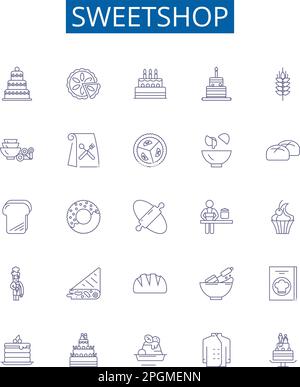 Symbole für die Süßwarenfabrik sind eingestellt. Design-Sammlung von Süßigkeiten, Süßigkeiten, Süßwaren, Schokolade, Toffee, Karamell-, Gummies-, Pralinen-Konturkonzept Stock Vektor