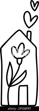 Scandi valentine Line ethno Logo Hausblume mit Herzen modernes abstraktes Doodle Bo Ornament Muster. Abstrakter, trendiger Kunstdruck Stock Vektor