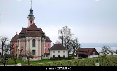 Wallfahrtskirche Birnau in Deutschland mit Weinberg im Vordergrund und Bodensee im Hintergrund Stockfoto