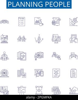 Liniensymbole für Planning People (Planer) sind eingerichtet. Entwurfssammlung von Planung, Organisation, Planung, Zuteilung, Strategieplanung, Überwachen, Delegieren Stock Vektor