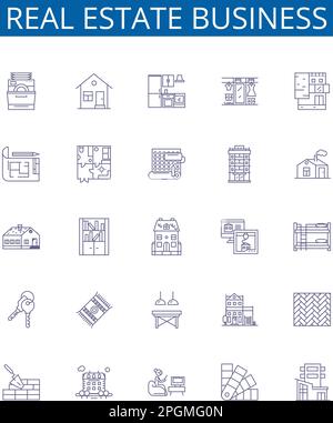 Symbole der Geschäftsbereiche Immobilien sind eingerichtet. Designsammlung von Eigentum, Investition, Maklerei, Leasing, Vermieter, Miete, Makler, Hypothekenübersicht Stock Vektor