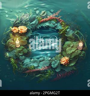 Sommerferien. Blumen kranken mit brennender Kerze im Wasser bei Nacht mit Inschrift Ligo. Alte nationale Tradition, für heidnische Holiden ein Glücksbringer Stockfoto