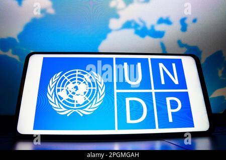 In dieser Fotoabbildung wird das Logo des Entwicklungsprogramms der Vereinten Nationen (UNDP) auf einem Smartphone-Bildschirm angezeigt. Stockfoto