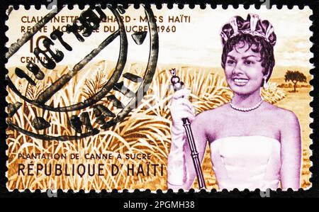 MOSKAU, RUSSLAND - 16. MÄRZ 2023: Auf Haiti gedruckte Briefmarken zeigen Miss Haiti, Sugar Field, Serie, ca. 1960 Stockfoto