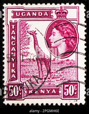 MOSKAU, RUSSLAND - 16. MÄRZ 2023: In Afrika gedruckte Briefmarken zeigen Giraffe (Giraffa camelopardalis), Queen Elizabeth II und Views Serie, circa 195 Stockfoto