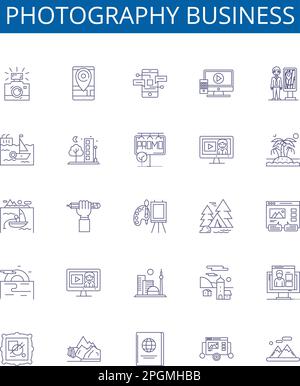 Symbole der Geschäftsbereiche Fotografie sind eingerichtet. Design-Sammlung von Fotografie, Business, Marketing, Aufnahme, Studio, Bearbeitung, Dienste, Bildkontur Stock Vektor