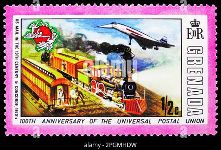 MOSKAU, RUSSLAND - 16. MÄRZ 2023: Poststempel in Grenada gedruckt zeigt US Mail Train des 19. Jahrhunderts und Concorde, U.P.U. (Universalpostunion), Cent Stockfoto