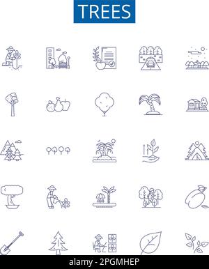Symbole für Baumlinien sind eingestellt. Designkollektion aus Baum, Nadelholz, Holz, Kiefer, Eiche, Maple-, Palm-, Cedar-Kontur-Vektordarstellungen Stock Vektor