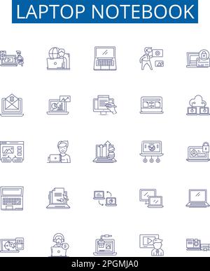 Symbole für Notebook-Leitsymbole auf dem Notebook. Design-Sammlung von Laptop, Notebook, Computer, tragbar, Gerät, Technologie, Hardware, Software Stock Vektor