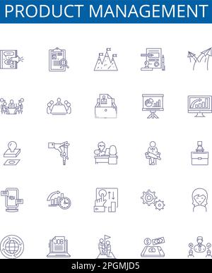 Symbole für Produktmanagement-Linie Zeichen gesetzt. Entwurfssammlung von Produkt, Management, Planung, Konstruktion, Entwicklung, Optimize, Launch, Research (Optimieren, Starten, Forschungskonzept) Stock Vektor