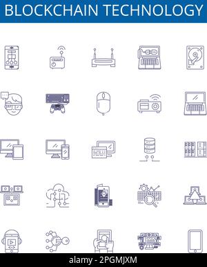 Blockchain-Technologie Linienzeichen gesetzt. Design-Sammlung von Blockchain, Technologie, dezentralisiert, Ledger, Kryptografie, Kryptowährung Stock Vektor
