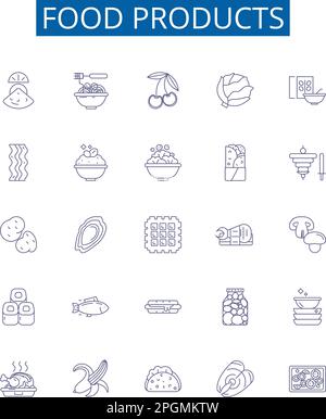 Symbole der Lebensmittellinie sind eingestellt. Design-Sammlung von Produkten, Fleisch, Milchprodukten, Lebensmitteln, Konserven, Gefrorene, gebackene, Süßwaren Konturkonzept-Vektor Stock Vektor