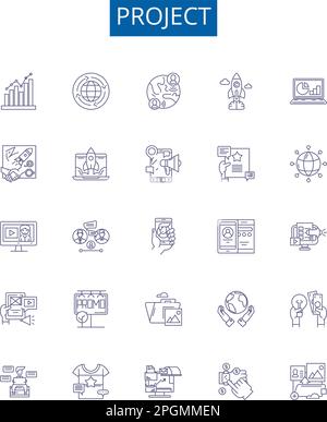 Symbole für Projektlinien - Zeichen eingestellt. Entwurfssammlung von Entwicklung, Planung, Management, Konstruktion, Planung, Implementierungs-, Entwurfs- und Bereitstellungsrahmen Stock Vektor