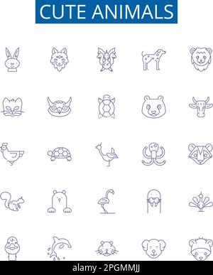 Niedliche Tierlinien Symbole Zeichen Set. Design-Kollektion aus Fell, Kätzchen, Welpen, Fluffy, Hündchen, Knuddle, Bär, Bunny Kontur Konzept-Vektordarstellungen Stock Vektor
