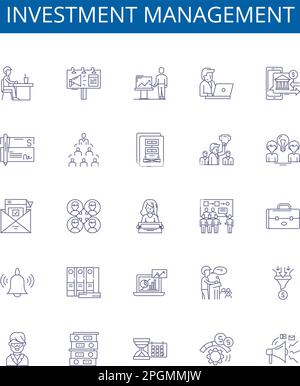 Symbole für Investitionsmanagement-Linien sind gesetzt. Design-Sammlung von Investment, Management, Wealth, Portfolio, Risk, Kapital-, Asset- und Strategieübersicht Stock Vektor