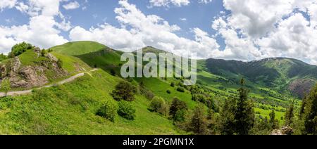 Panorama der Trialeti (Kaukasus) Gebirgskette mit Tskhratskaro Pass, Georgia, gefährliche M-20 Kiesstraße und grünes Grasland im Sommer. Stockfoto