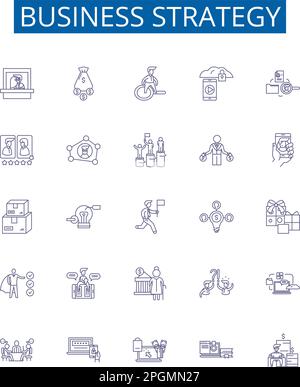 Symbole für die Geschäftsstrategie sind gesetzt. Entwurfssammlung aus Planung, Innovation, Betrieb, Ausführung, Planung, Markt, Kunde, Finanzen Stock Vektor