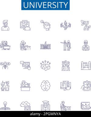 Symbole der Universitätslinie Zeichen gesetzt. Designkollektion von College, Institut, Bildung, Akademie, Campus, Höher, Alumni, Studienumriss-Konzeptvektor Stock Vektor