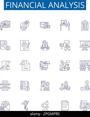 Symbole für Finanzanalyse-Linien sind gesetzt. Entwurfssammlung von Budgetierung, Prognose, Kennzahlen, Cashflow, Finanzierung, Rentabilität, Liquidität Stock Vektor