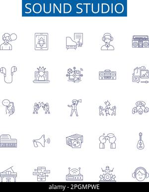 Symbole für Tonstudio-Linien eingestellt. Designkollektion aus Aufnahme, Mixen, Musik, SoundStage, Mikrofon, Entwurf für Producer, Audio, Rundfunk Stock Vektor