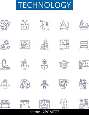 Symbole der Technologielinie Zeichen gesetzt. Design-Sammlung von Technik, Gadget, Elektronik, Netzwerk, Software, Konzeptvektor für Programm-, KI-, Maschinenkontur Stock Vektor