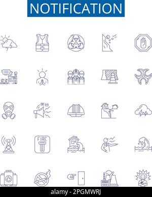 Symbole der Benachrichtigungszeile sind festgelegt. Design Collection von Alert, Reminder, Signal, Warning, Notice, Konzeptvektor „Broadcast“, „Promotion“, „Report Outline“ Stock Vektor