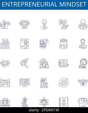 Symbolzeichen für unternehmerische Denkweise gesetzt. Design-Sammlung von Unternehmergeist, Denkweise, Vision, Risikobereitschaft, motiviert, Antrieb, Kreativität, Erfolg Stock Vektor