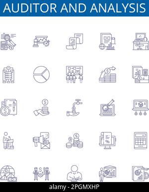 Symbole für Prüfer- und Analysezeilen sind gesetzt. Designsammlung von Auditor, Analyse, Auditing, Analysieren, Evaluieren, Überprüfung, Inspektion, Überprüfung Stock Vektor