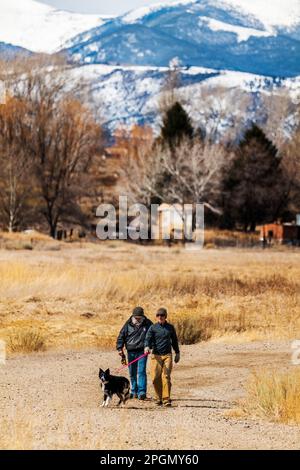 Zwei Erwachsene Männer gehen mit ihrem Hund auf einer Landstraße; Vandaveer Ranch; Salida; Colorado; USA Stockfoto